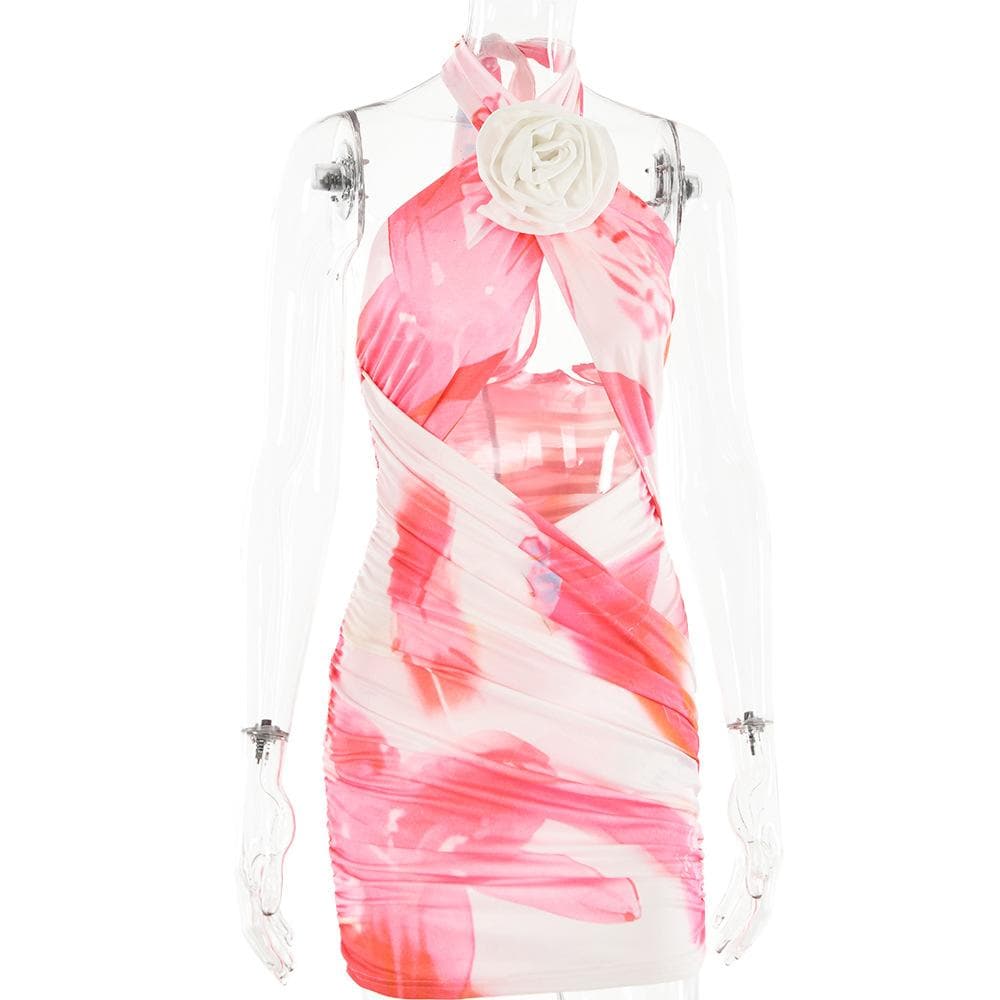 Tie Dye Halter Neck 3D Flower Cut Out Bodycon Mini Dress - View 3