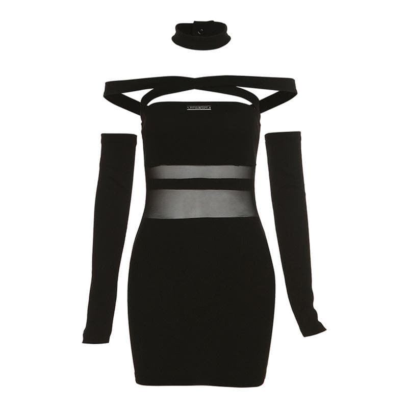 Solid mesh off shoulder cross front gloves metal tag mini dress