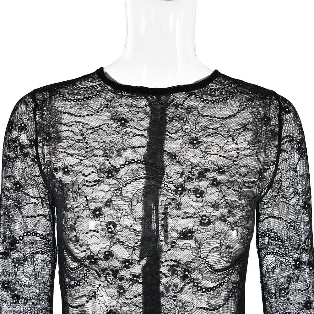 Lace see through long sleeve zip-up self tie ruched mini dress - View 7