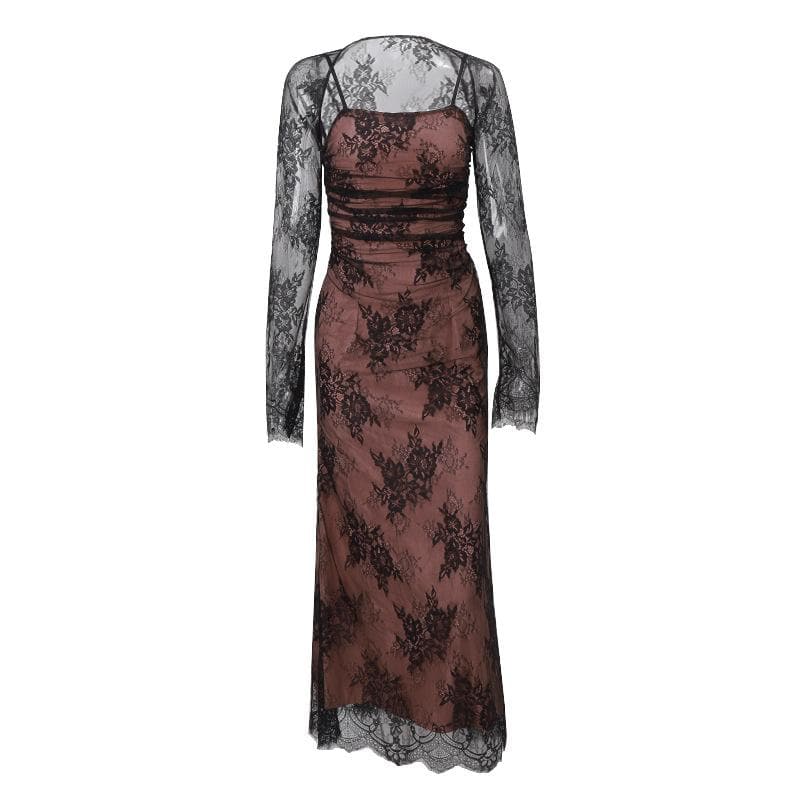 Long sleeve lace ruched shrug lace up 2 piece midi dress - View 2