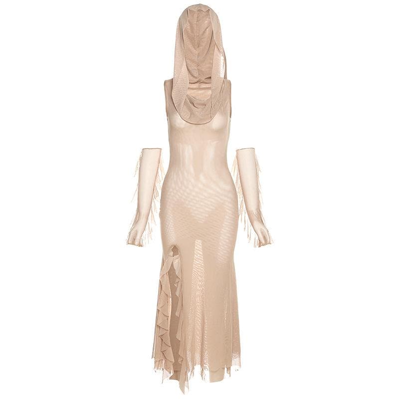 Sleeveless solid mesh slit gloves hoodie midi dress - View 2
