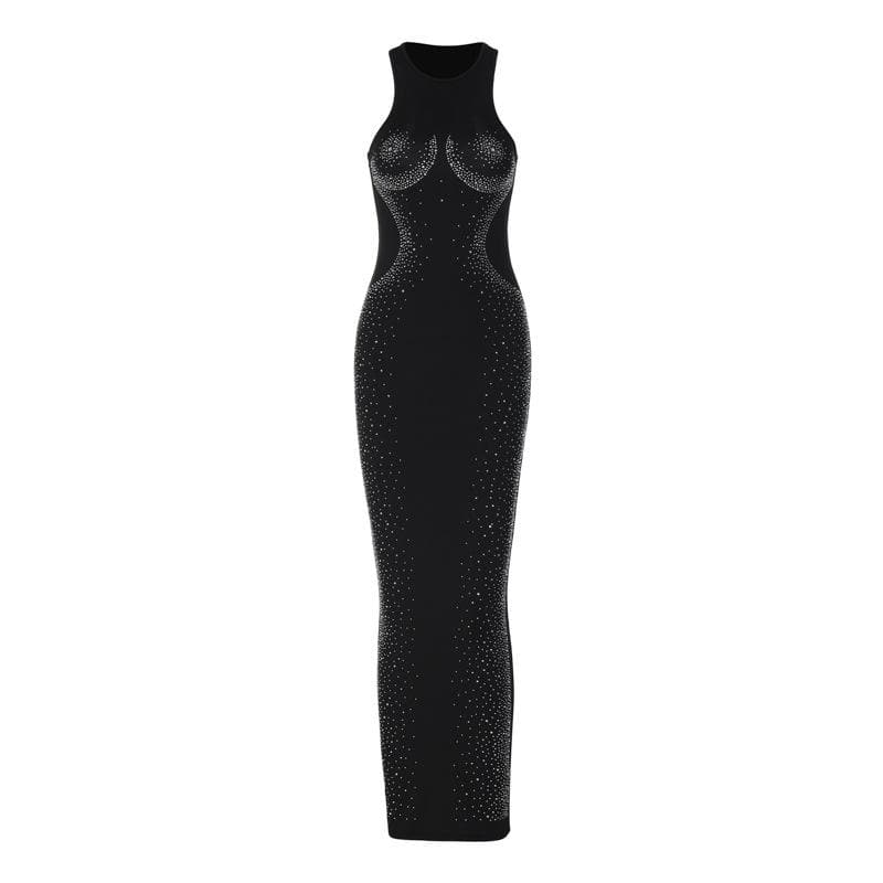 Rhinestone Contour High Neck Sleeveless Bodycon Maxi Gown - View 2