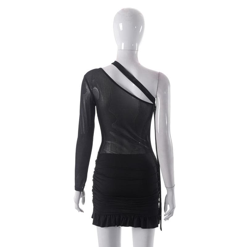 Mesh one shoulder buckle ruffle irregular mini dress - View 3