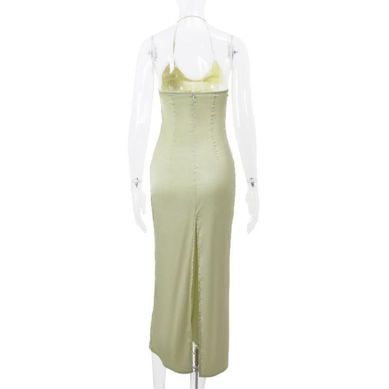 Satin Halter Neck Rosette Ruched Slip Midi Dress - View 3