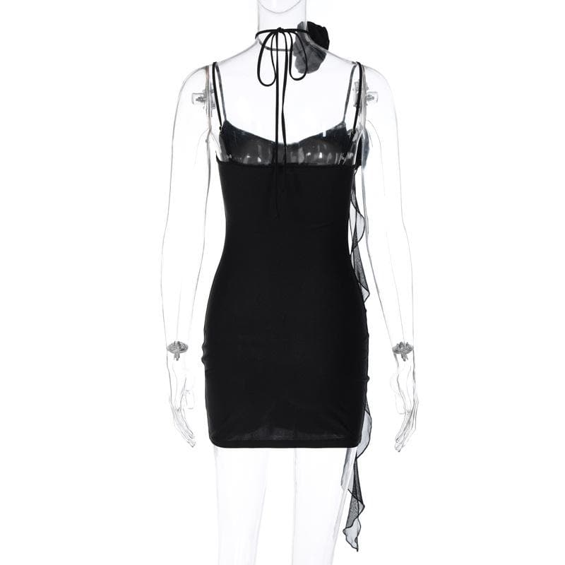 Satin V-Neck Flower Applique Ruched Bodycon Mini Dress - View 4