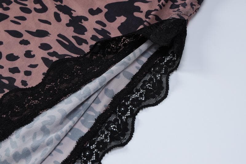 Leopard Print Cowl Neck Lace Trim Slit Bodycon Midi Dress - View 6