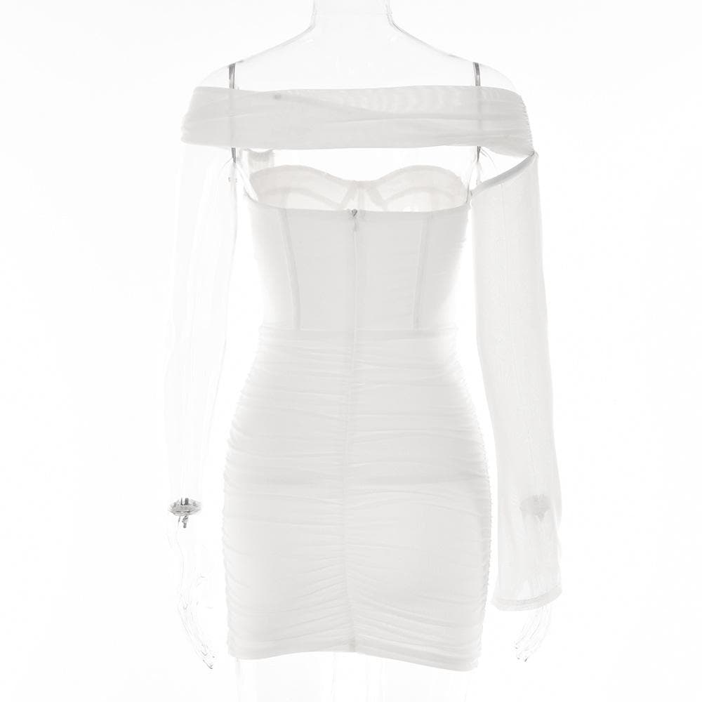 Solid one shoulder o ring hollow out mesh backless mini dress - View 4