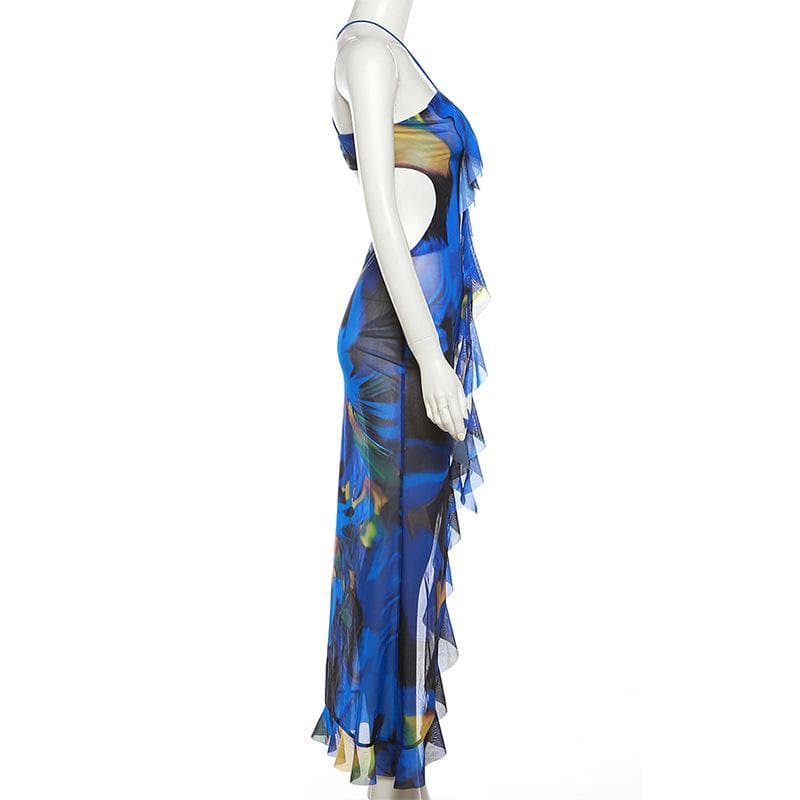 Cross front backless sheer mesh see through slit maxi dress - View 4