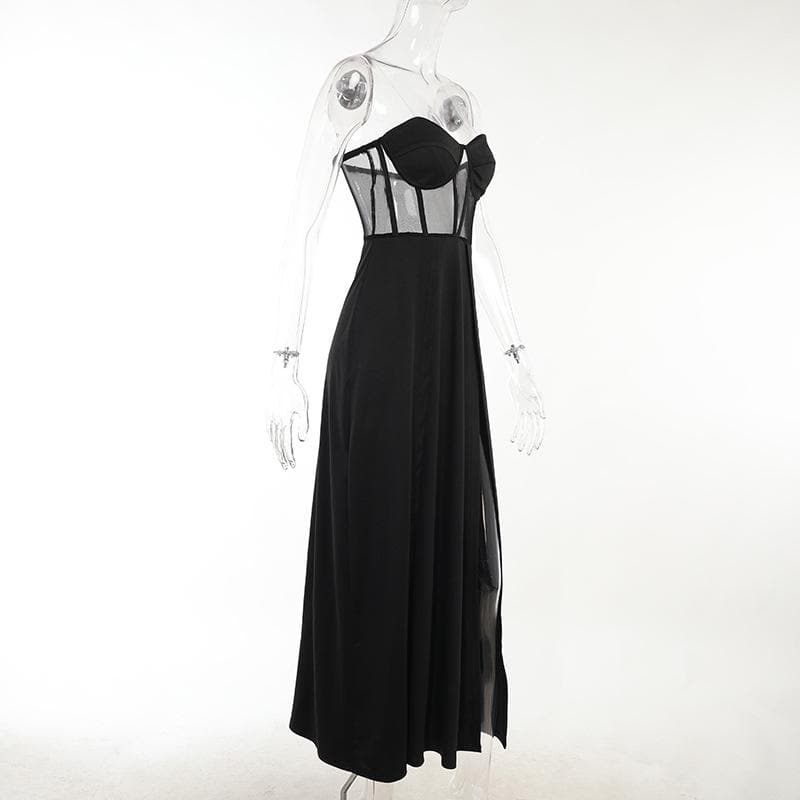 Mesh heart neck high slit pleated tube maxi dress - View 4