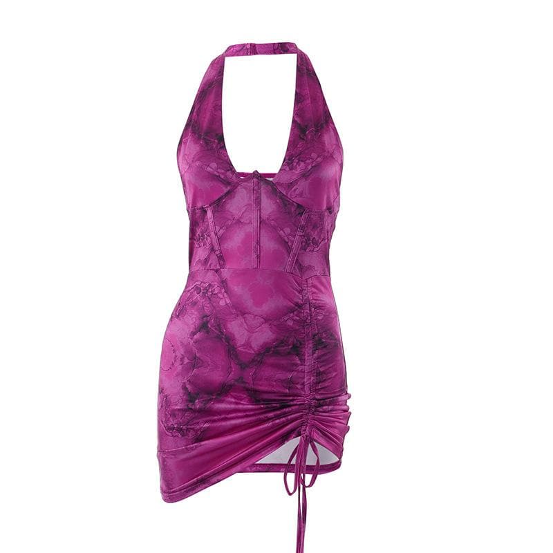 Halter Neck Corset Ruched Drawstring Backless Bodycon Mini Dress - View 2