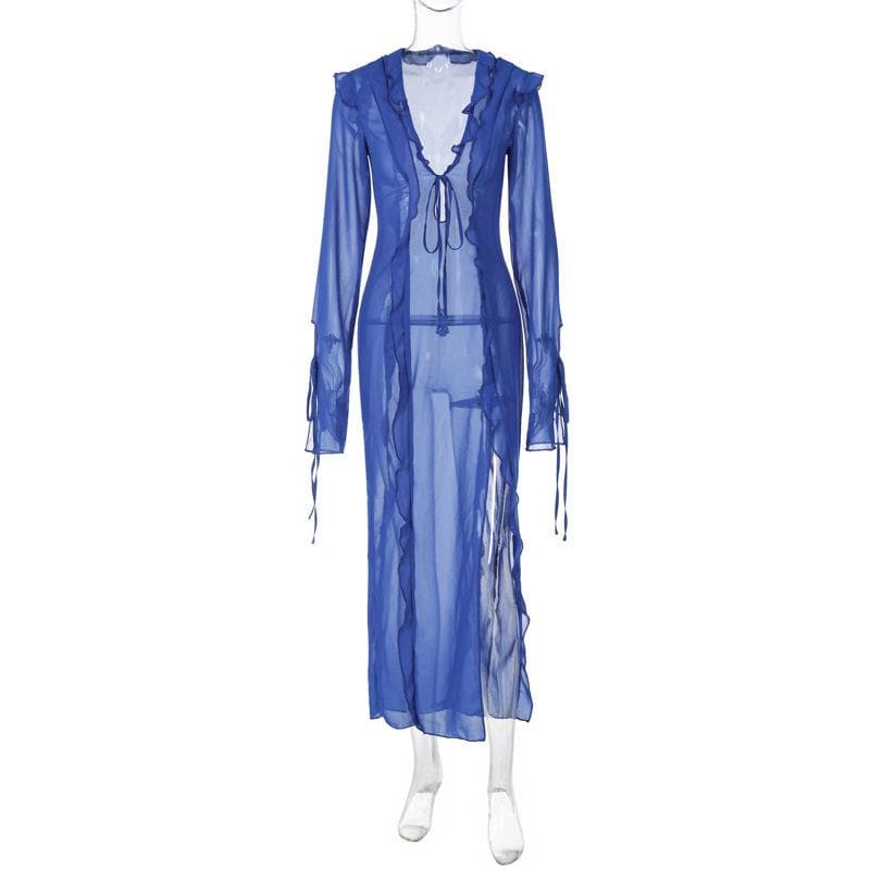 Slit chiffon see through long sleeve v neck self tie maxi dress - View 6