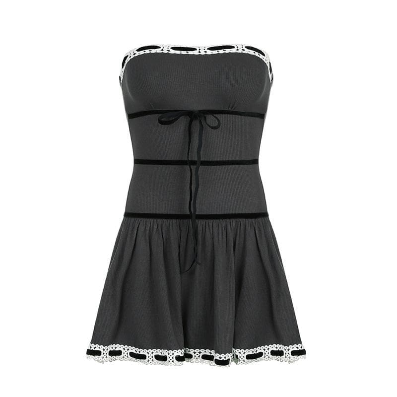 Ribbed lace hem contrast ruched backless tube mini dress - View 2