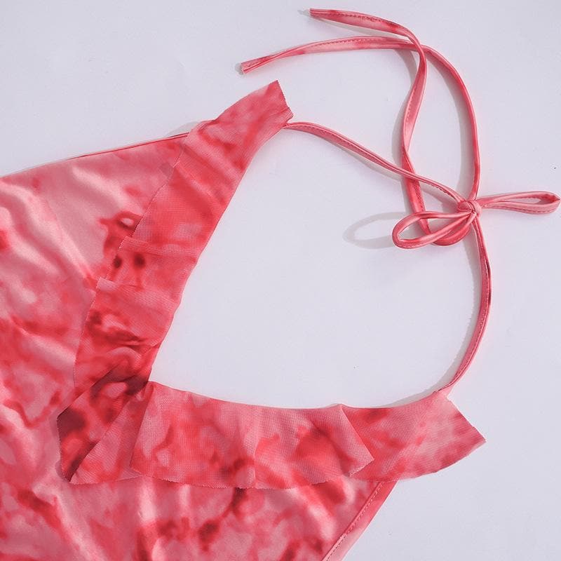 Mesh tie dye irregular contrast halter backless ruched maxi dress - View 5