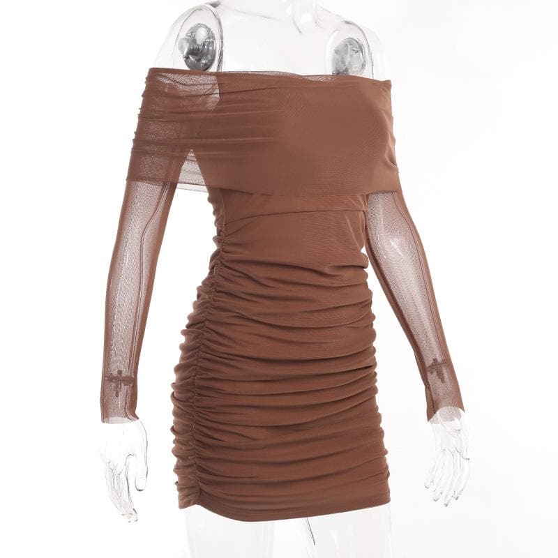Mesh off shoulder solid long sleeve ruched mini dress - View 10