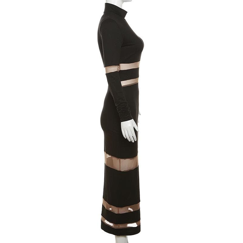 Patchwork mesh contrast long sleeve high neck maxi dress - View 4