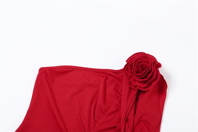 One Shoulder Ruched Flower Applique Ruffle Backless Bodycon Mini Dress - View 4