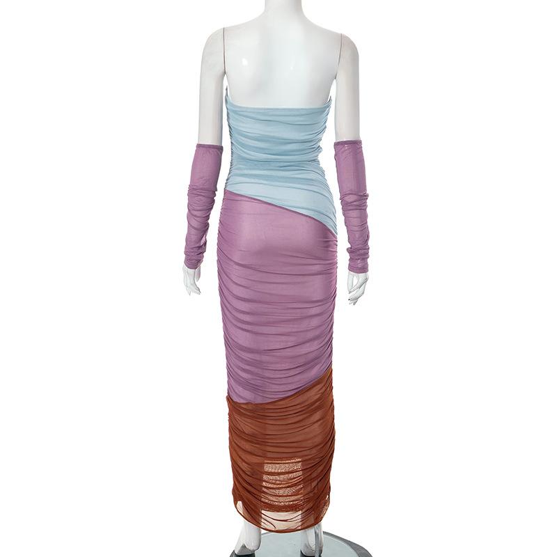 Mesh ruched contrast patchwork off shoulder maxi tube dress - View 4