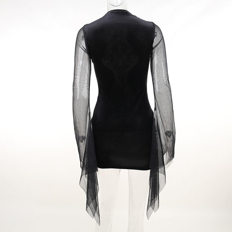 Mesh crewneck long sleeve see through embroidery mini dress - View 5