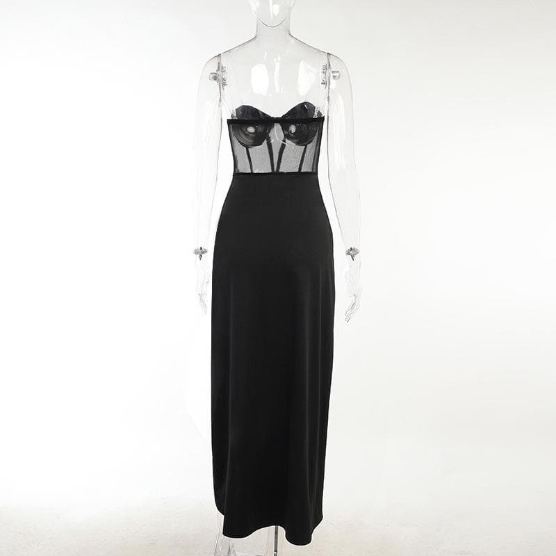 Mesh heart neck high slit pleated tube maxi dress - View 5