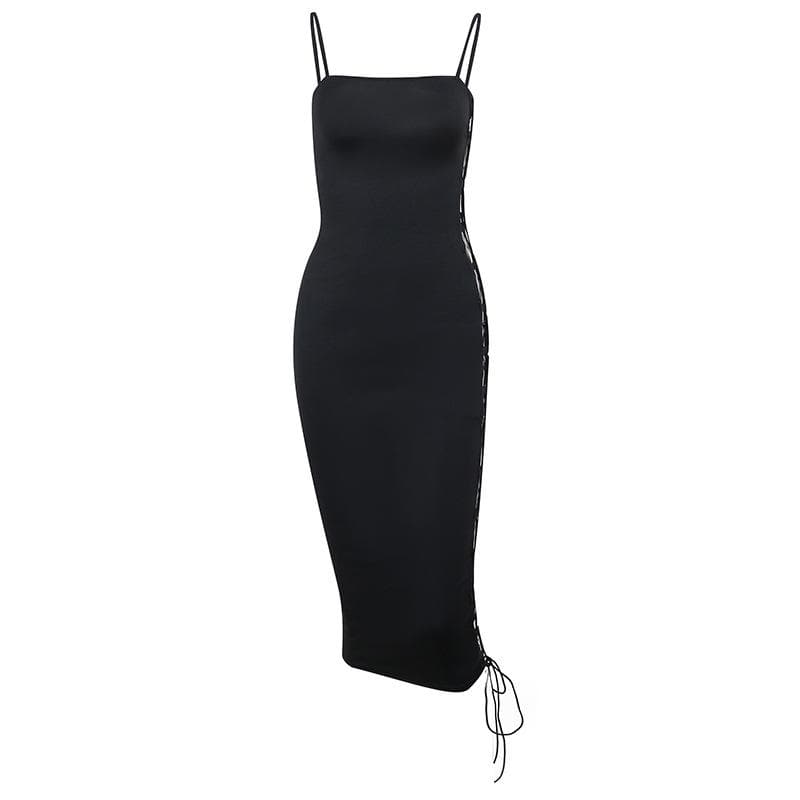 Lace up solid irregular backless square neck midi dress