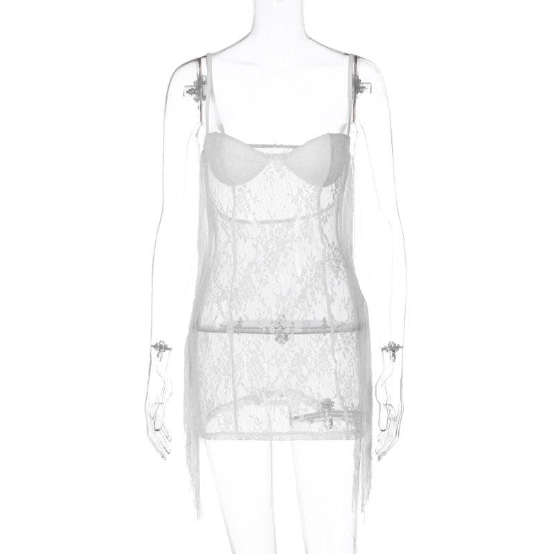Tassels low cut see through lace solid backless cami mini dress - View 2