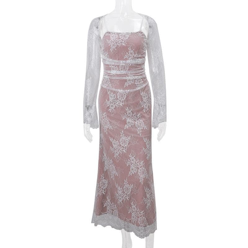 Long sleeve lace ruched shrug lace up 2 piece midi dress - View 3
