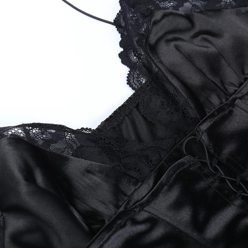 Satin V-Neck Lace Trim Lace Up Corset Mini Dress - View 6