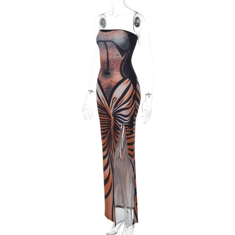 Lace up contrast print slit backless tube maxi dress - View 3