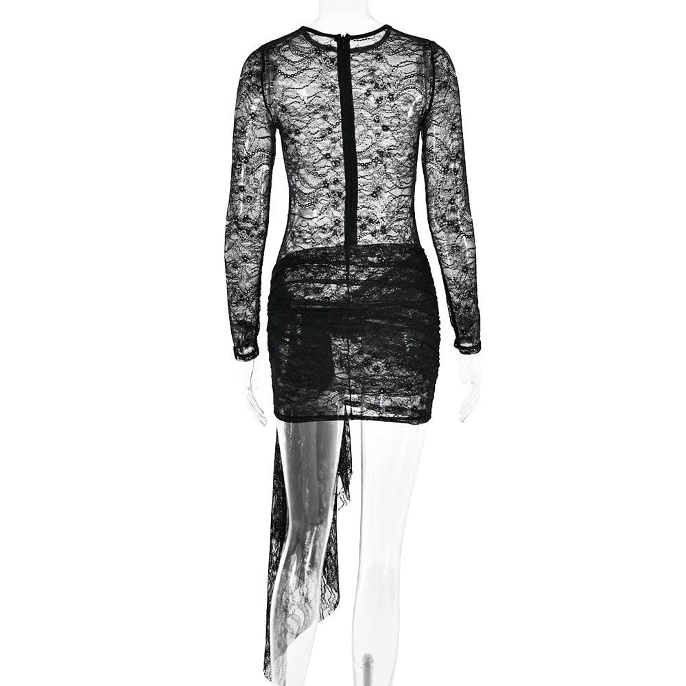 Lace see through long sleeve zip-up self tie ruched mini dress - View 5