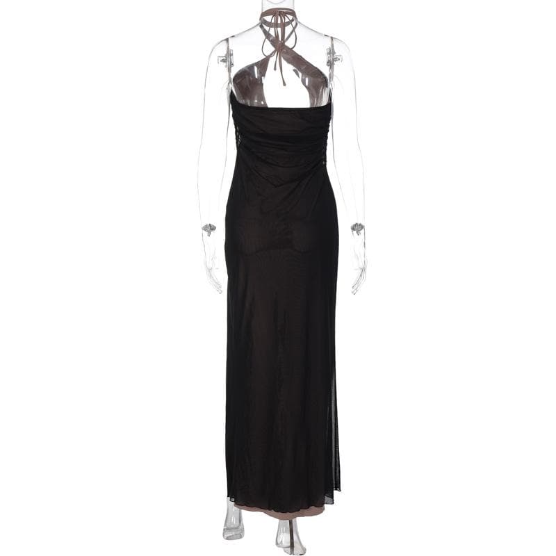 Slit mesh cross front hollow out ruched backless maxi dress - View 4