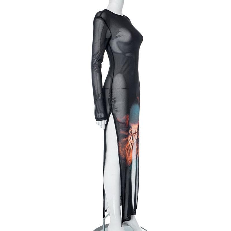 Joker pattern long sleeve sheer mesh see through slit maxi dress - View 3