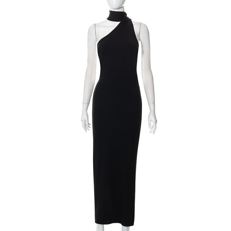 One shoulder backless slit solid halter beaded maxi dress - View 2