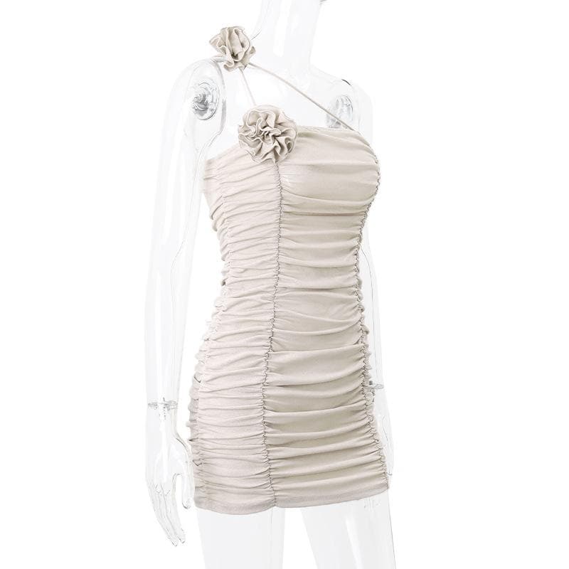 One Shoulder Flower Applique Ruched Bodycon Mini Dress - View 3