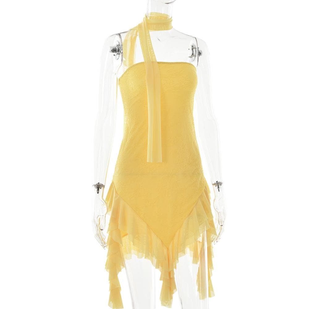 Mesh ruffle ribbon irregular solid backless tube mini dress - View 5