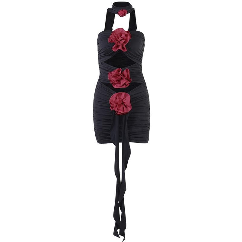 Flower Applique Strapless Cut Out Ruched Bodycon Mini Dress - View 2
