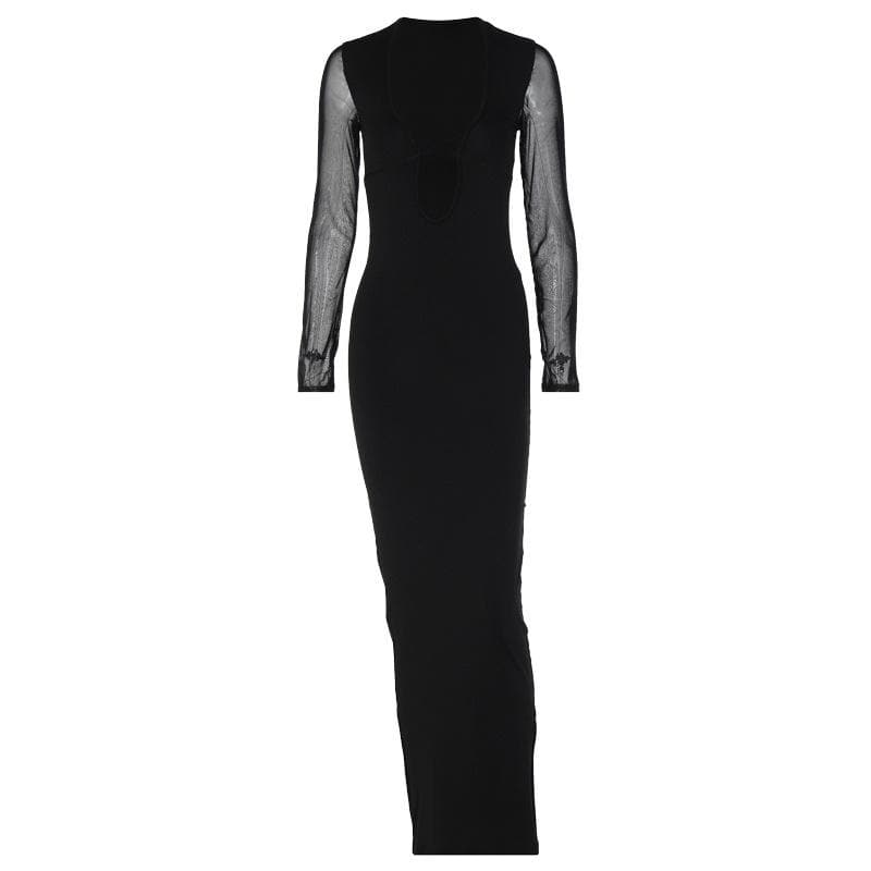 Mesh patchwork solid low cut long sleeve cross front maxi dress - View 2