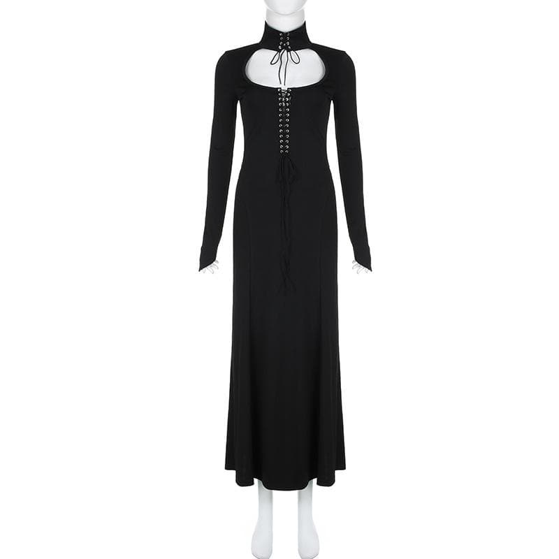 Lace up hollow out solid long sleeve maxi dress - View 2