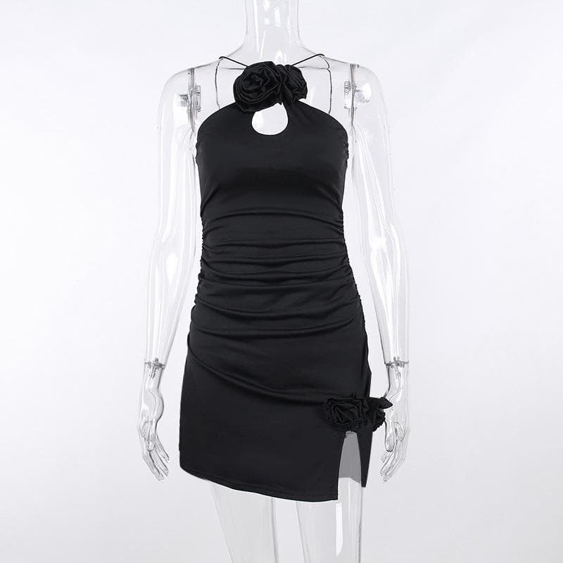 Rosette Appliqué Halter Cut Out Ruched Bodycon Mini Dress - View 3