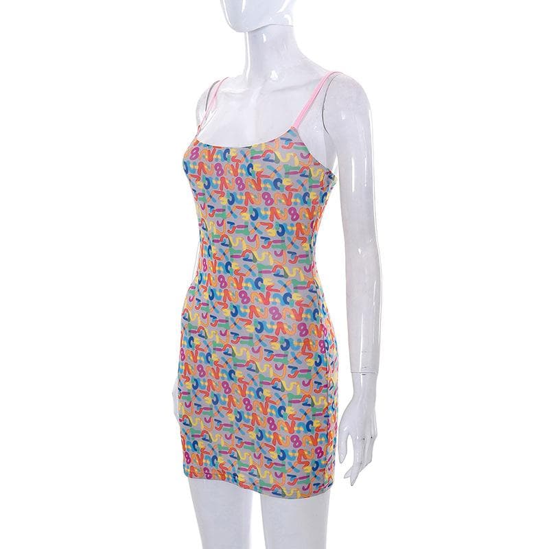 Mesh letter print contrast square neck backless cami mini dress - View 3