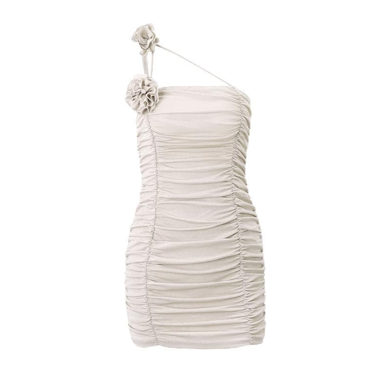 One Shoulder Flower Applique Ruched Bodycon Mini Dress - View 2