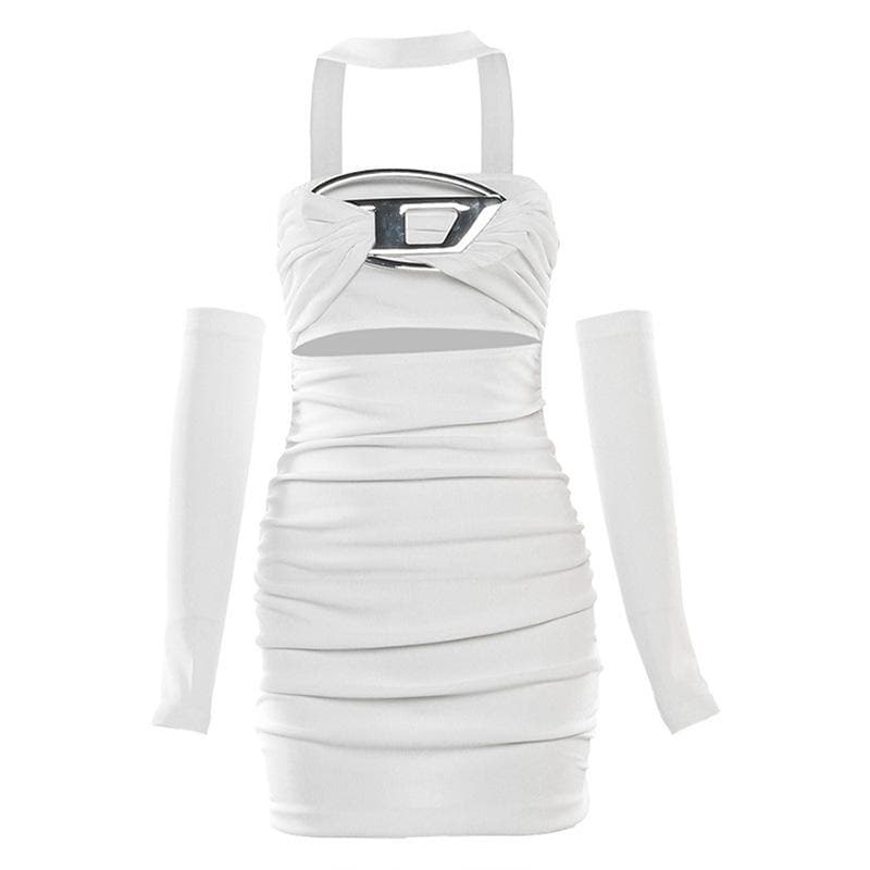 Glove Halter Neck Cut Out Ruched Bodycon Mini Dress - View 9