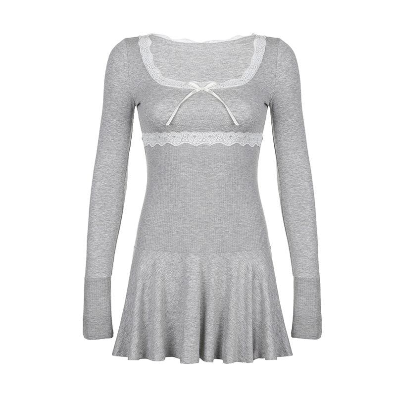 Lace hem square neck contrast long sleeve ruffle mini dress - View 3