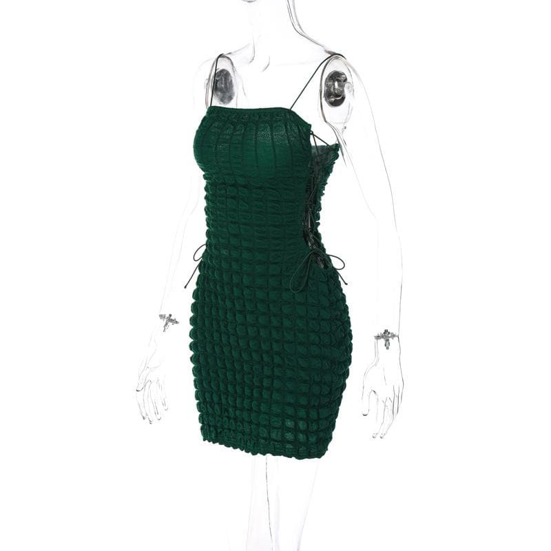 Waffle solid lace up spaghetti strap backless mini dress - View 4