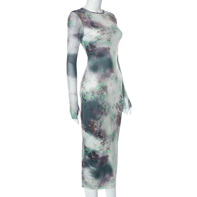 Long sleeve crewneck tie dye mesh gloves contrast midi dress - View 3