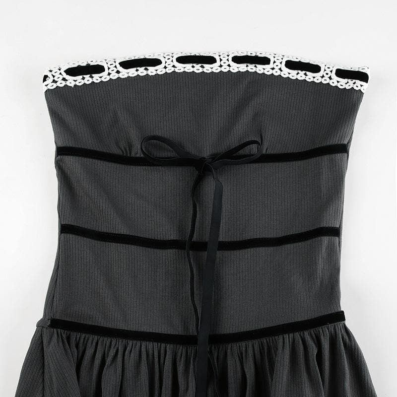 Ribbed lace hem contrast ruched backless tube mini dress - View 5