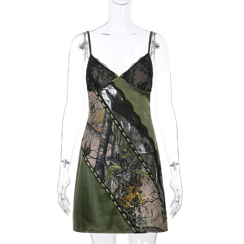 Lace Trim Forest Print Patchwork Spaghetti Strap Bodycon Mini Dress - View 9