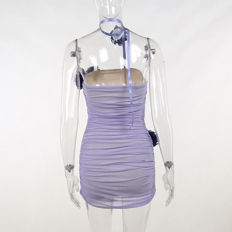 Strapless Rosette Ruched Mesh Backless Bodycon Mini Dress - View 7
