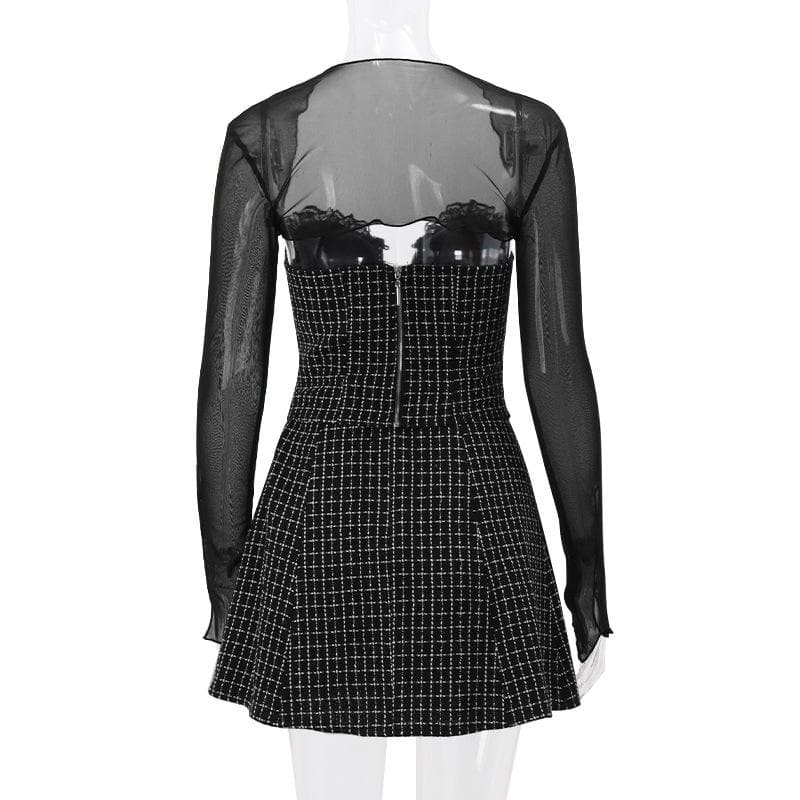Long sleeve mesh plaid bowknot lace up shrug 2 piece mini dress - View 3