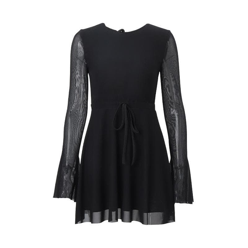Long flared sleeve crewneck self tie mesh backless mini dress - View 9