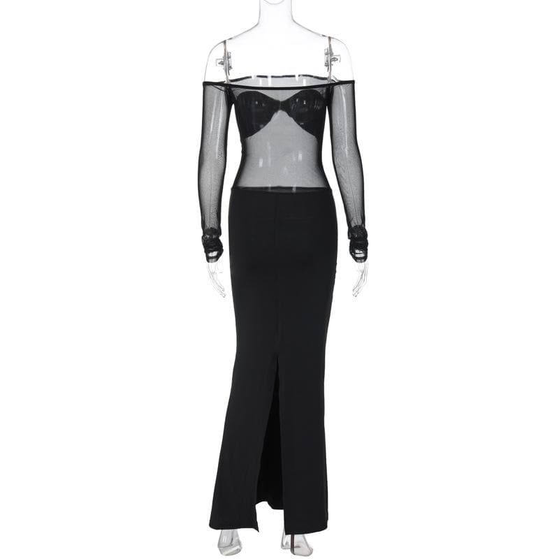 Ruched mesh patchwork off shoulder long sleeve slit maxi dress - View 4